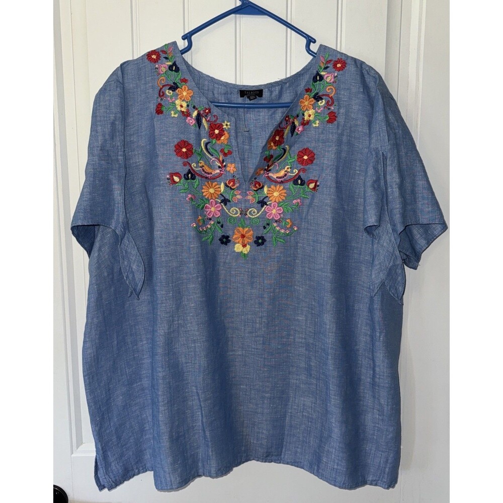 Talbots Embroidered Blouse Blue Linen Cotton Shirt Plus Size 3X 3XP Short Sleeve